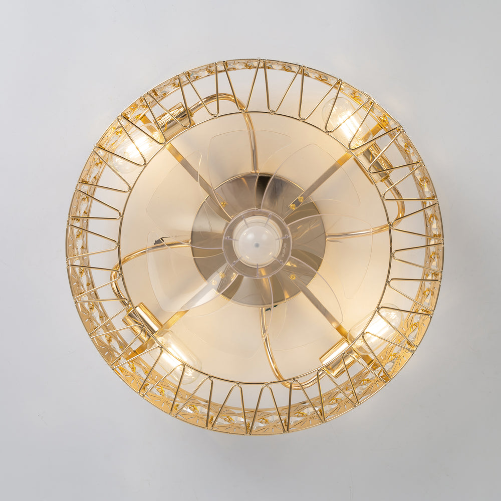 19" Rose Gold Caged Ceiling Fans with Lights Remote Control, Low Profile Flush Mount Ceiling Fan, Modern Bladeless Enclosed Ceiling Fan with Light for Bedroom, 7 Reversible Transparent Blades