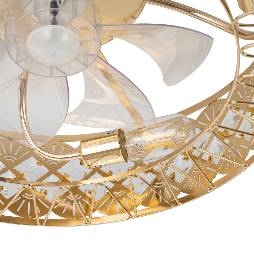 19" Rose Gold Caged Ceiling Fans with Lights Remote Control, Low Profile Flush Mount Ceiling Fan, Modern Bladeless Enclosed Ceiling Fan with Light for Bedroom, 7 Reversible Transparent Blades