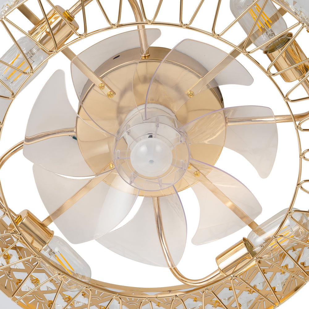 19" Rose Gold Caged Ceiling Fans with Lights Remote Control, Low Profile Flush Mount Ceiling Fan, Modern Bladeless Enclosed Ceiling Fan with Light for Bedroom, 7 Reversible Transparent Blades