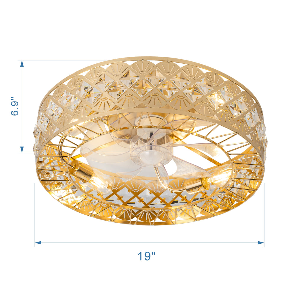 19" Rose Gold Caged Ceiling Fans with Lights Remote Control, Low Profile Flush Mount Ceiling Fan, Modern Bladeless Enclosed Ceiling Fan with Light for Bedroom, 7 Reversible Transparent Blades