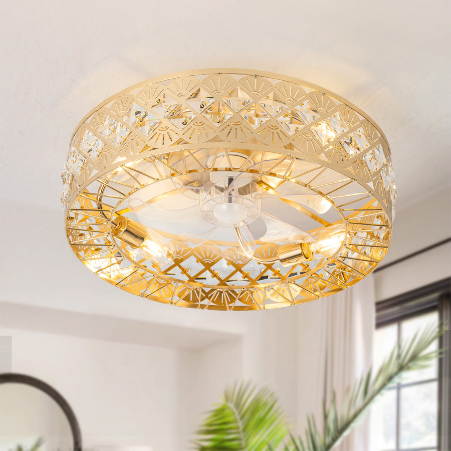 19" Rose Gold Caged Ceiling Fans with Lights Remote Control, Low Profile Flush Mount Ceiling Fan, Modern Bladeless Enclosed Ceiling Fan with Light for Bedroom, 7 Reversible Transparent Blades