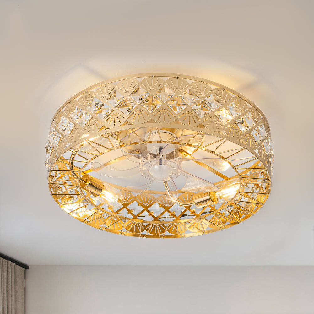 19" Rose Gold Caged Ceiling Fans with Lights Remote Control, Low Profile Flush Mount Ceiling Fan, Modern Bladeless Enclosed Ceiling Fan with Light for Bedroom, 7 Reversible Transparent Blades