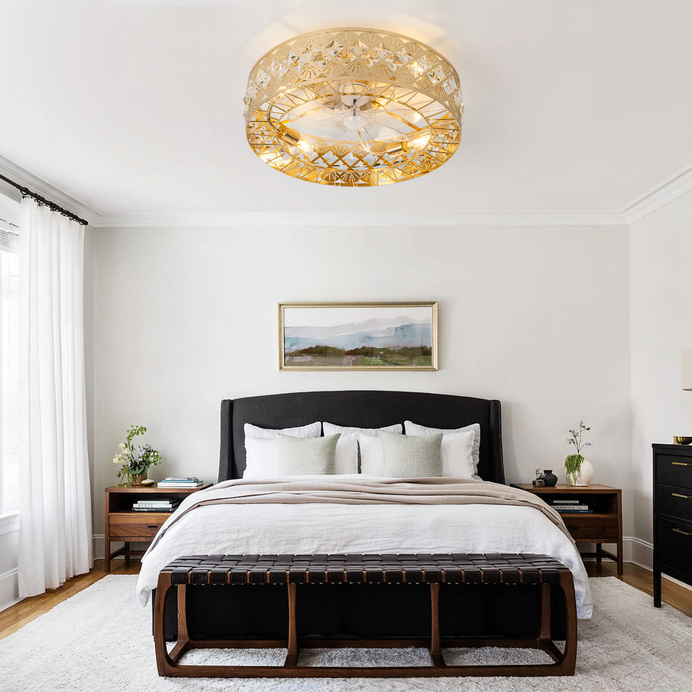 19" Rose Gold Caged Ceiling Fans with Lights Remote Control, Low Profile Flush Mount Ceiling Fan, Modern Bladeless Enclosed Ceiling Fan with Light for Bedroom, 7 Reversible Transparent Blades