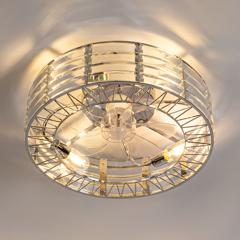 19 inch Caged Ceiling Fans with Crystal Lights Remote Control, Low Profile Flush Mount Ceiling Fan with 7 Reversible Blades, DC Motor, Modern Enclosed Ceiling Fan with Light for Bedroom