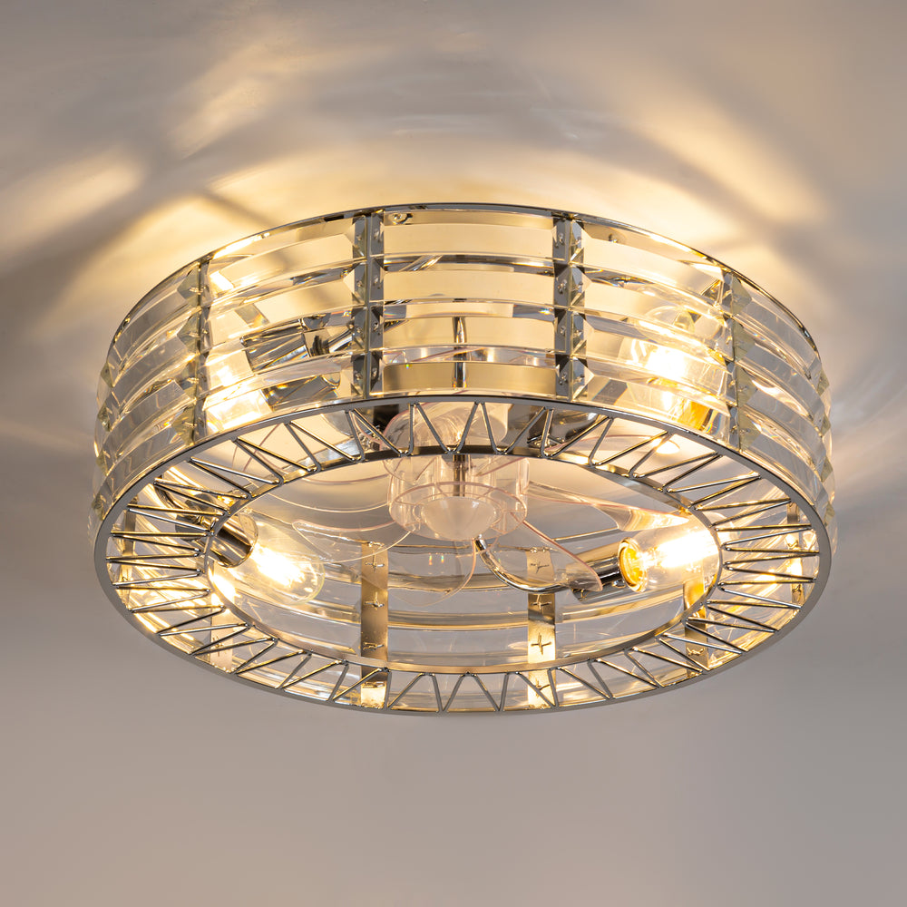 19 inch Caged Ceiling Fans with Crystal Lights Remote Control, Low Profile Flush Mount Ceiling Fan with 7 Reversible Blades, DC Motor, Modern Enclosed Ceiling Fan with Light for Bedroom