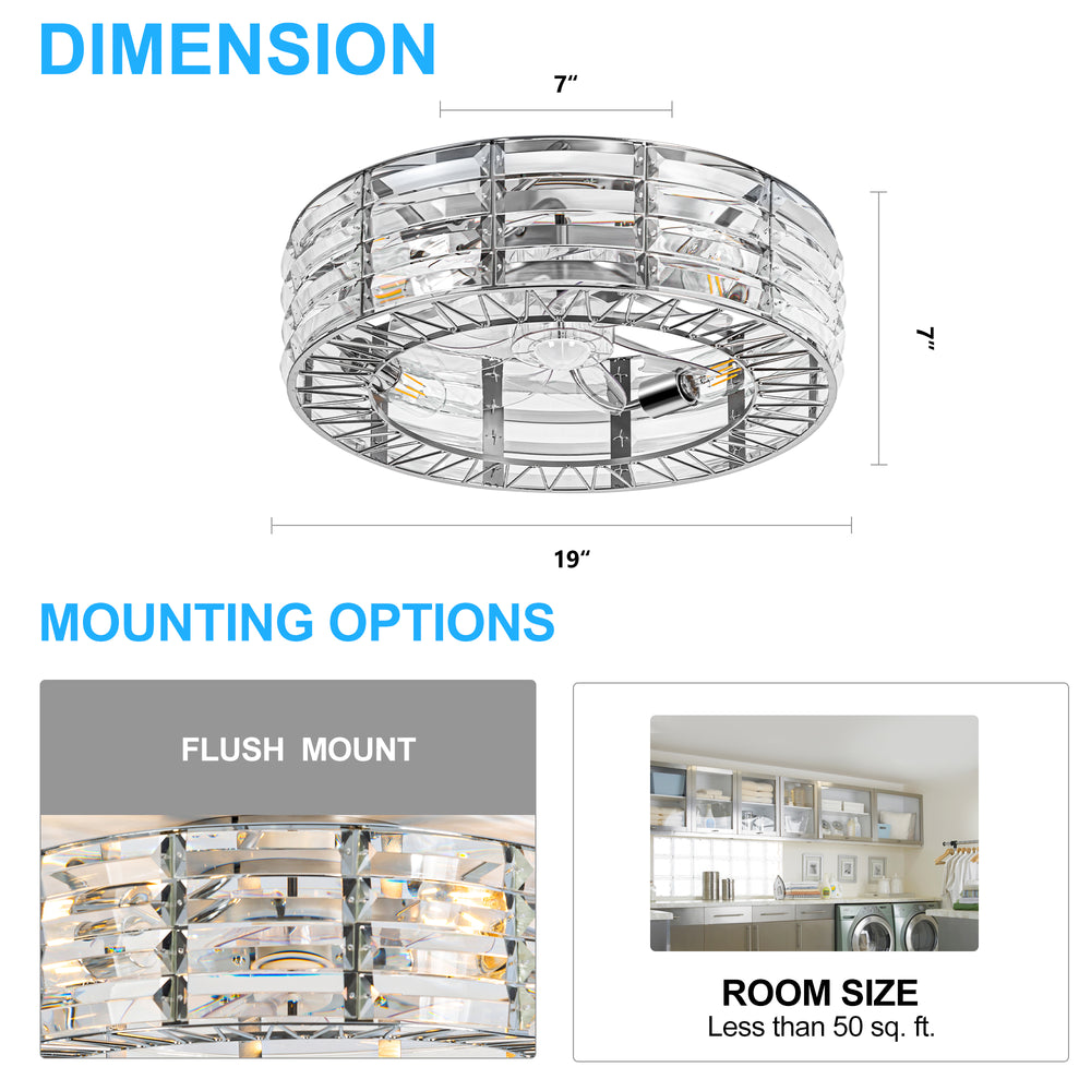 19 inch Caged Ceiling Fans with Crystal Lights Remote Control, Low Profile Flush Mount Ceiling Fan with 7 Reversible Blades, DC Motor, Modern Enclosed Ceiling Fan with Light for Bedroom