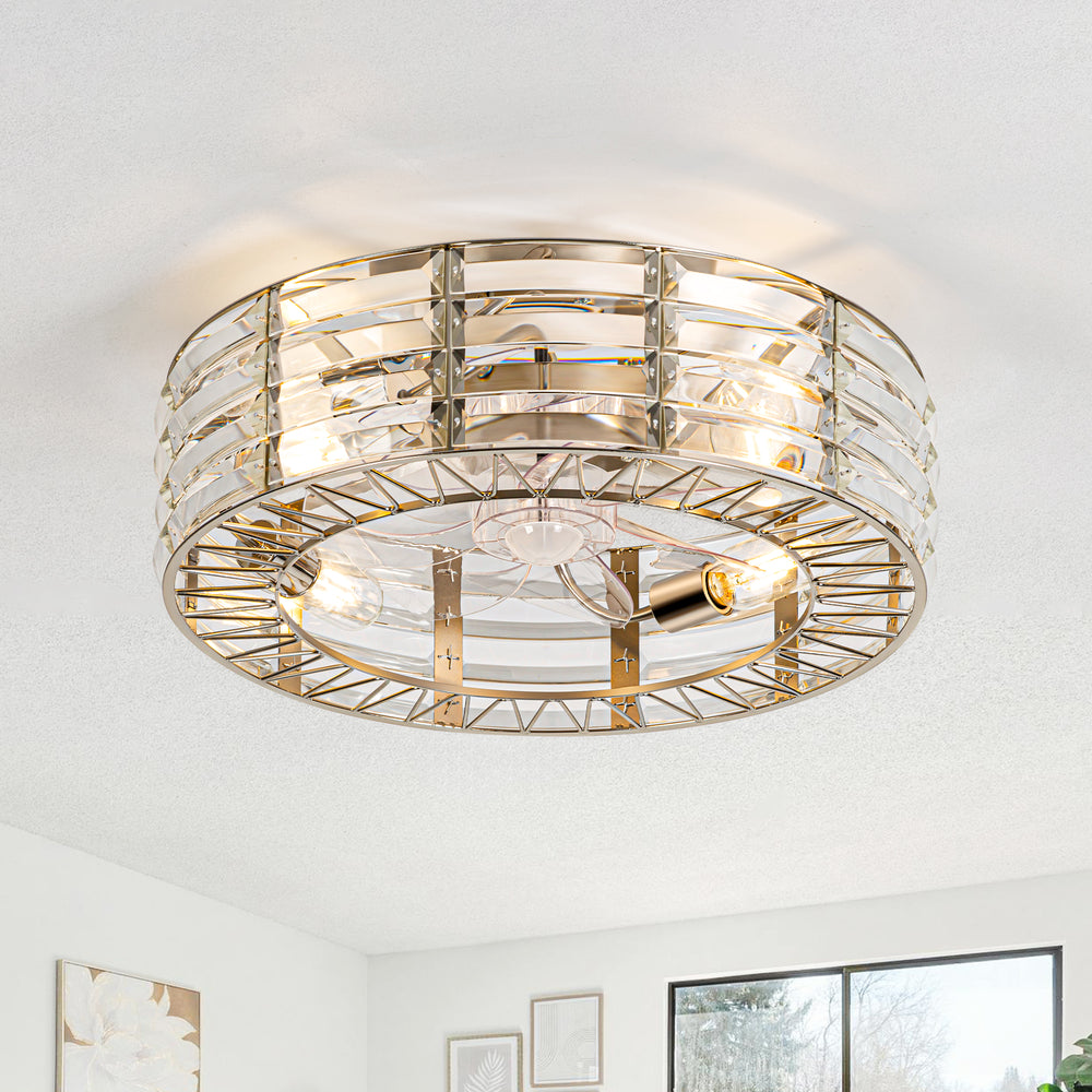 19 inch Caged Ceiling Fans with Crystal Lights Remote Control, Low Profile Flush Mount Ceiling Fan with 7 Reversible Blades, DC Motor, Modern Enclosed Ceiling Fan with Light for Bedroom
