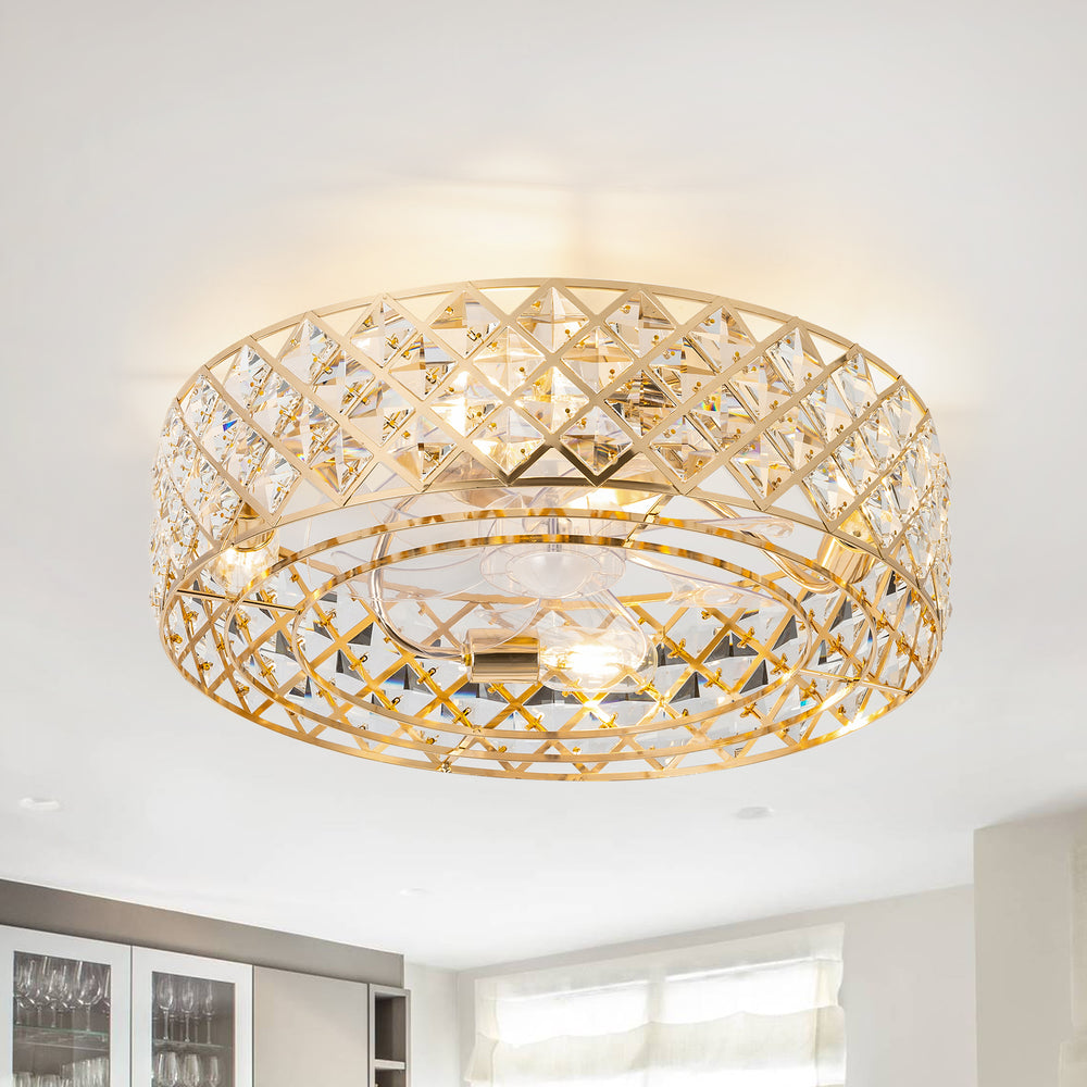 19-inch Small Caged Ceiling Fans with Lights and Remote, Low Profile Flush Mount Ceiling Fan, Modern Bladeless Enclosed Ceiling Fan with Light for Bedroom, 7 Reversible Transparent Blades