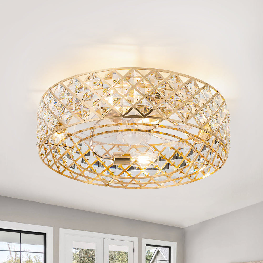 19-inch Small Caged Ceiling Fans with Lights and Remote, Low Profile Flush Mount Ceiling Fan, Modern Bladeless Enclosed Ceiling Fan with Light for Bedroom, 7 Reversible Transparent Blades