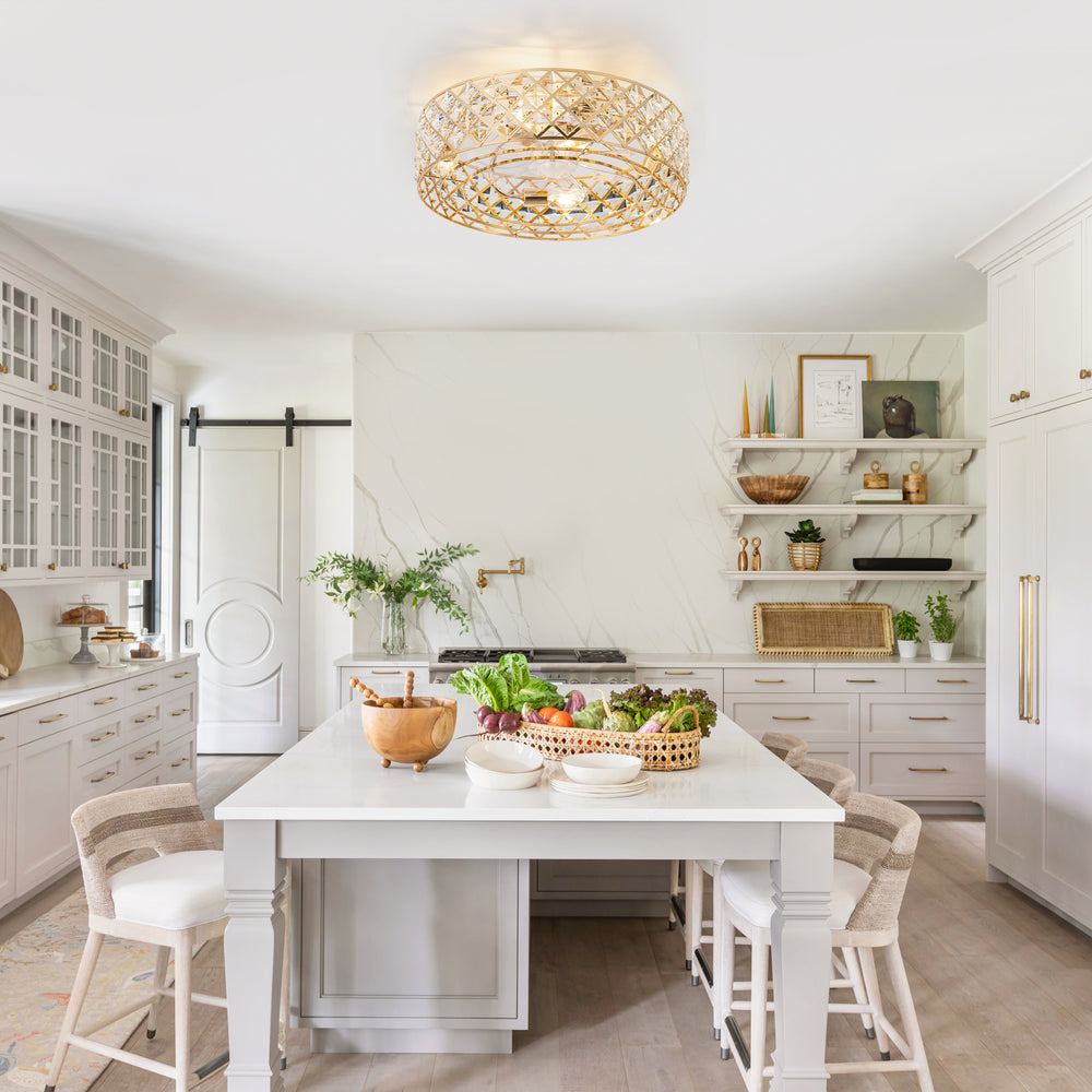 19-inch Small Caged Ceiling Fans with Lights and Remote, Low Profile Flush Mount Ceiling Fan, Modern Bladeless Enclosed Ceiling Fan with Light for Bedroom, 7 Reversible Transparent Blades