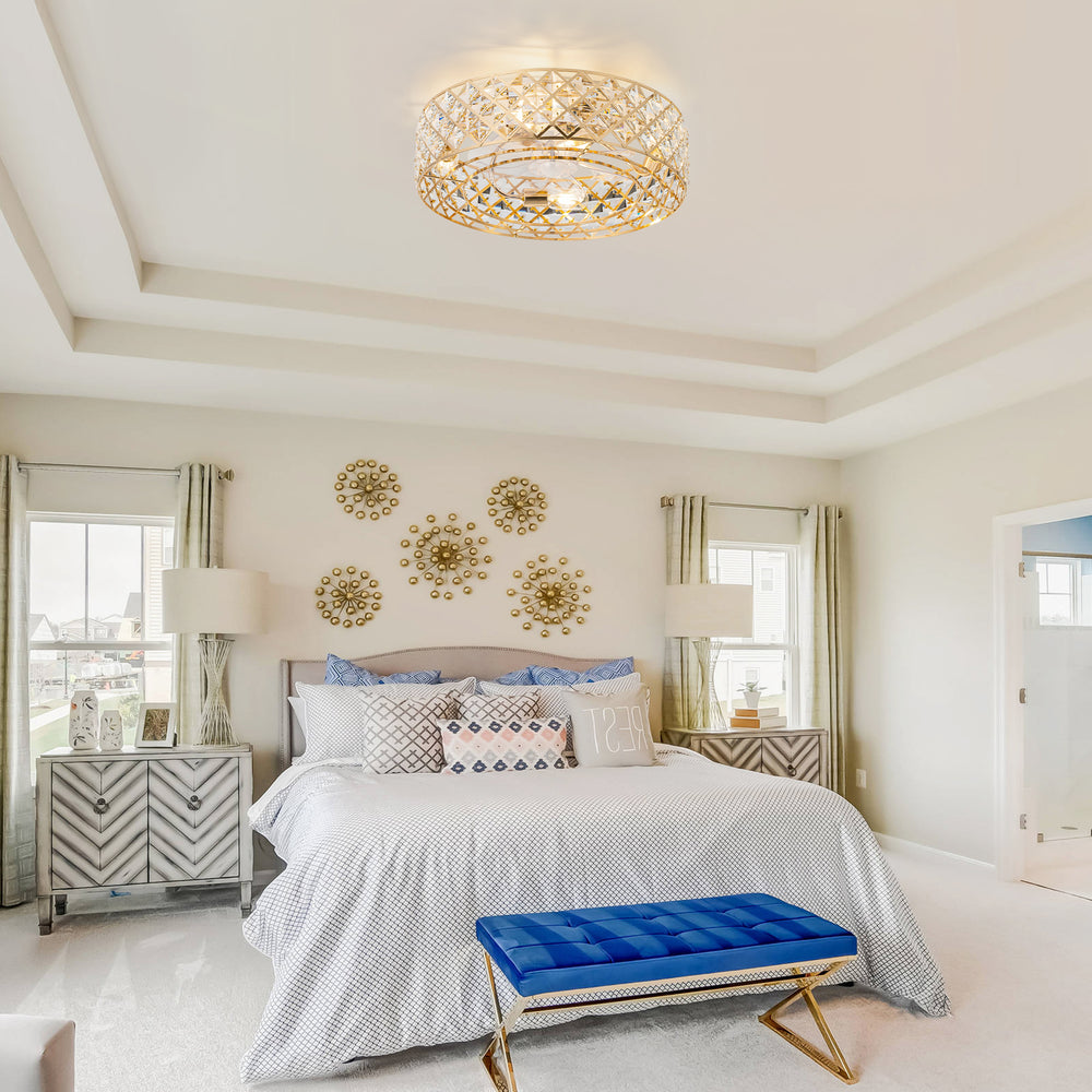 19-inch Small Caged Ceiling Fans with Lights and Remote, Low Profile Flush Mount Ceiling Fan, Modern Bladeless Enclosed Ceiling Fan with Light for Bedroom, 7 Reversible Transparent Blades