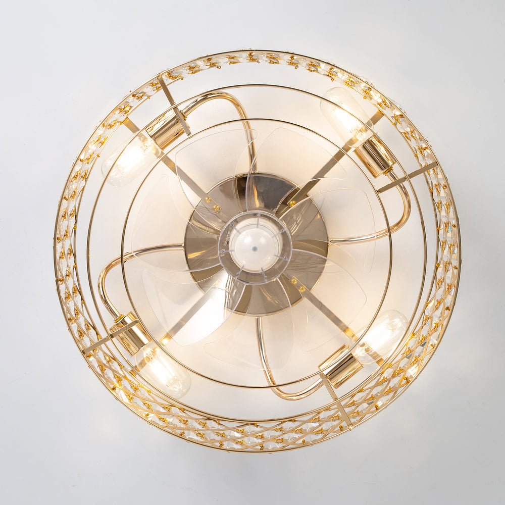 19-inch Small Caged Ceiling Fans with Lights and Remote, Low Profile Flush Mount Ceiling Fan, Modern Bladeless Enclosed Ceiling Fan with Light for Bedroom, 7 Reversible Transparent Blades