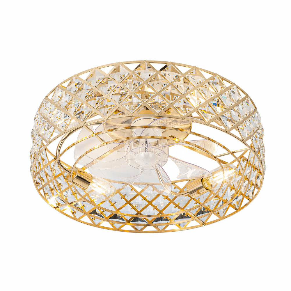 19-inch Small Caged Ceiling Fans with Lights and Remote, Low Profile Flush Mount Ceiling Fan, Modern Bladeless Enclosed Ceiling Fan with Light for Bedroom, 7 Reversible Transparent Blades