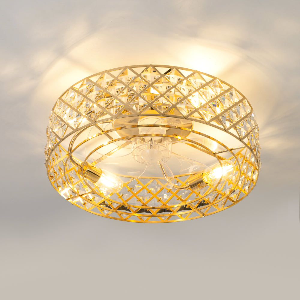 19-inch Small Caged Ceiling Fans with Lights and Remote, Low Profile Flush Mount Ceiling Fan, Modern Bladeless Enclosed Ceiling Fan with Light for Bedroom, 7 Reversible Transparent Blades