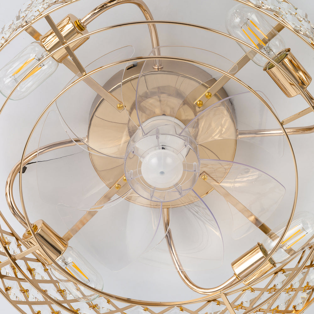 19-inch Small Caged Ceiling Fans with Lights and Remote, Low Profile Flush Mount Ceiling Fan, Modern Bladeless Enclosed Ceiling Fan with Light for Bedroom, 7 Reversible Transparent Blades