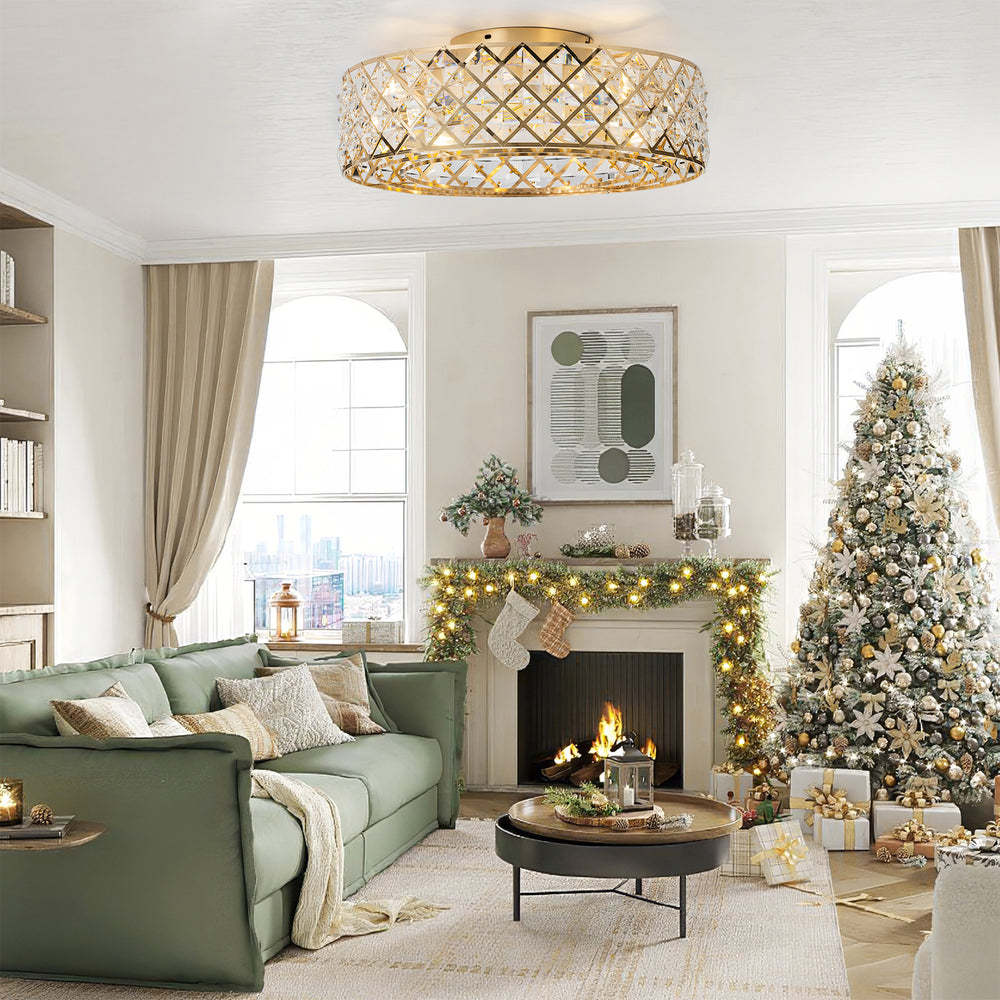 19-inch Small Caged Ceiling Fans with Lights and Remote, Low Profile Flush Mount Ceiling Fan, Modern Bladeless Enclosed Ceiling Fan with Light for Bedroom, 7 Reversible Transparent Blades