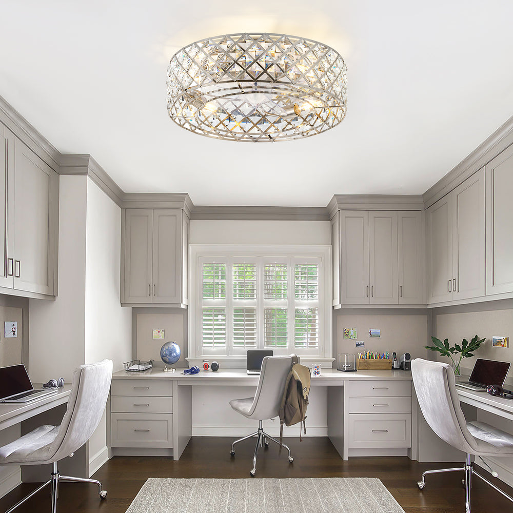 19-inch Small Caged Ceiling Fans with Lights and Remote, Low Profile Flush Mount Ceiling Fan, Modern Bladeless Enclosed Ceiling Fan with Light for Bedroom, 7 Reversible Transparent Blades