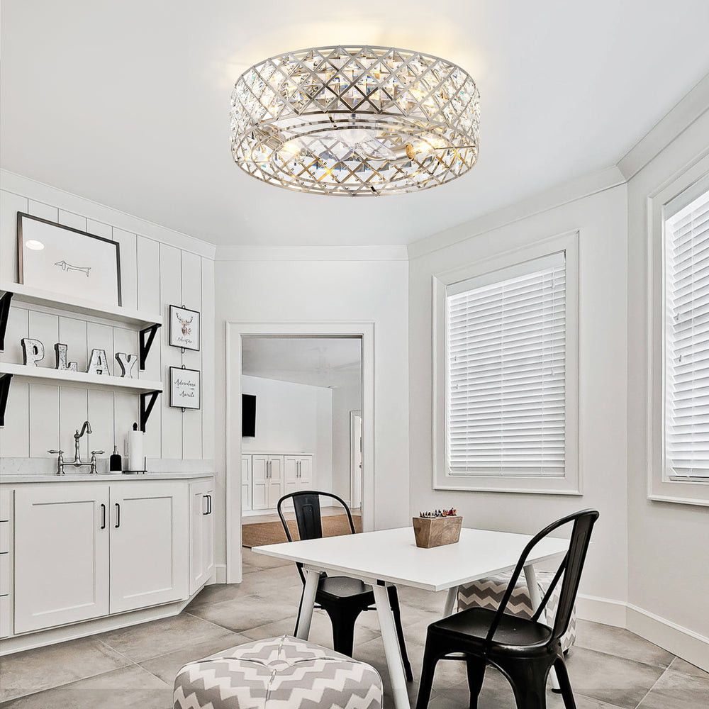 19-inch Small Caged Ceiling Fans with Lights and Remote, Low Profile Flush Mount Ceiling Fan, Modern Bladeless Enclosed Ceiling Fan with Light for Bedroom, 7 Reversible Transparent Blades