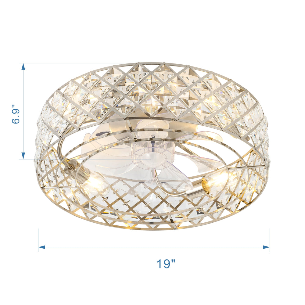 19-inch Small Caged Ceiling Fans with Lights and Remote, Low Profile Flush Mount Ceiling Fan, Modern Bladeless Enclosed Ceiling Fan with Light for Bedroom, 7 Reversible Transparent Blades