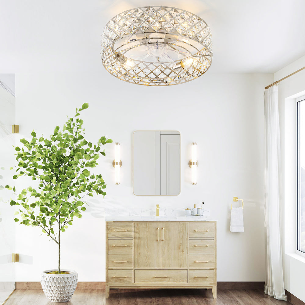 19-inch Small Caged Ceiling Fans with Lights and Remote, Low Profile Flush Mount Ceiling Fan, Modern Bladeless Enclosed Ceiling Fan with Light for Bedroom, 7 Reversible Transparent Blades