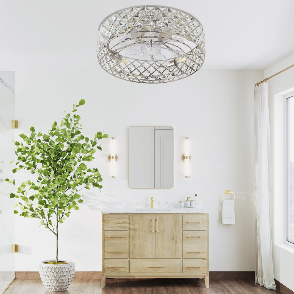 19-inch Small Caged Ceiling Fans with Lights and Remote, Low Profile Flush Mount Ceiling Fan, Modern Bladeless Enclosed Ceiling Fan with Light for Bedroom, 7 Reversible Transparent Blades