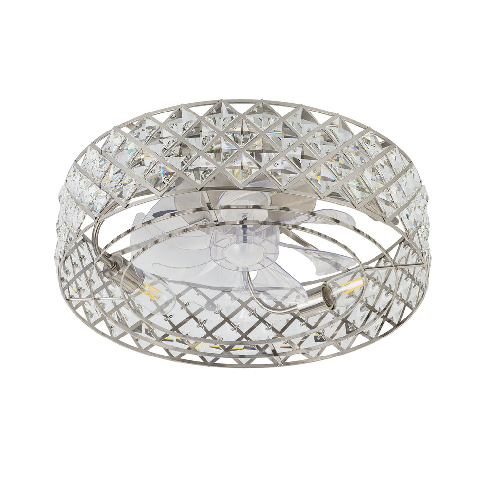 19-inch Small Caged Ceiling Fans with Lights and Remote, Low Profile Flush Mount Ceiling Fan, Modern Bladeless Enclosed Ceiling Fan with Light for Bedroom, 7 Reversible Transparent Blades