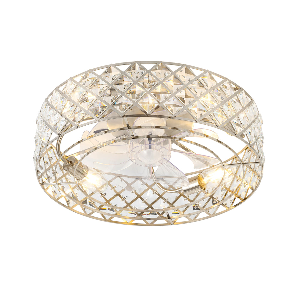 19-inch Small Caged Ceiling Fans with Lights and Remote, Low Profile Flush Mount Ceiling Fan, Modern Bladeless Enclosed Ceiling Fan with Light for Bedroom, 7 Reversible Transparent Blades