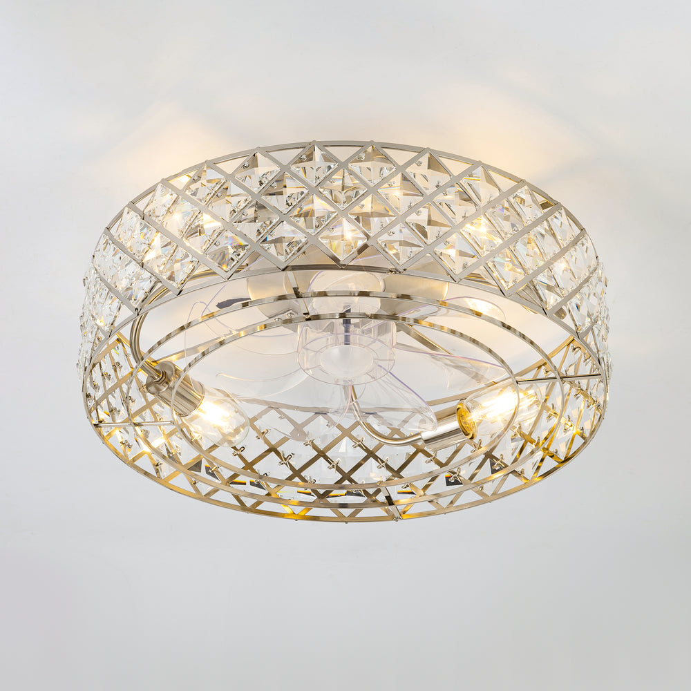 19-inch Small Caged Ceiling Fans with Lights and Remote, Low Profile Flush Mount Ceiling Fan, Modern Bladeless Enclosed Ceiling Fan with Light for Bedroom, 7 Reversible Transparent Blades