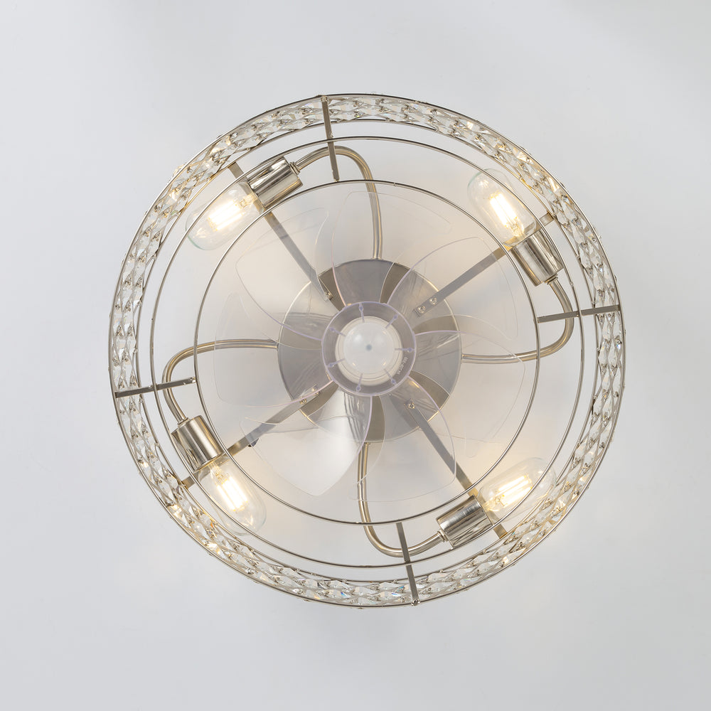 19-inch Small Caged Ceiling Fans with Lights and Remote, Low Profile Flush Mount Ceiling Fan, Modern Bladeless Enclosed Ceiling Fan with Light for Bedroom, 7 Reversible Transparent Blades