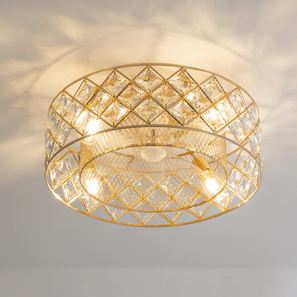 19" Small Caged Ceiling Fans with Lights and Remote, Low Profile Flush Mount Ceiling Fan, Modern Bladeless Enclosed Ceiling Fan with Light for Bedroom, 7 Reversible Transparent Blades