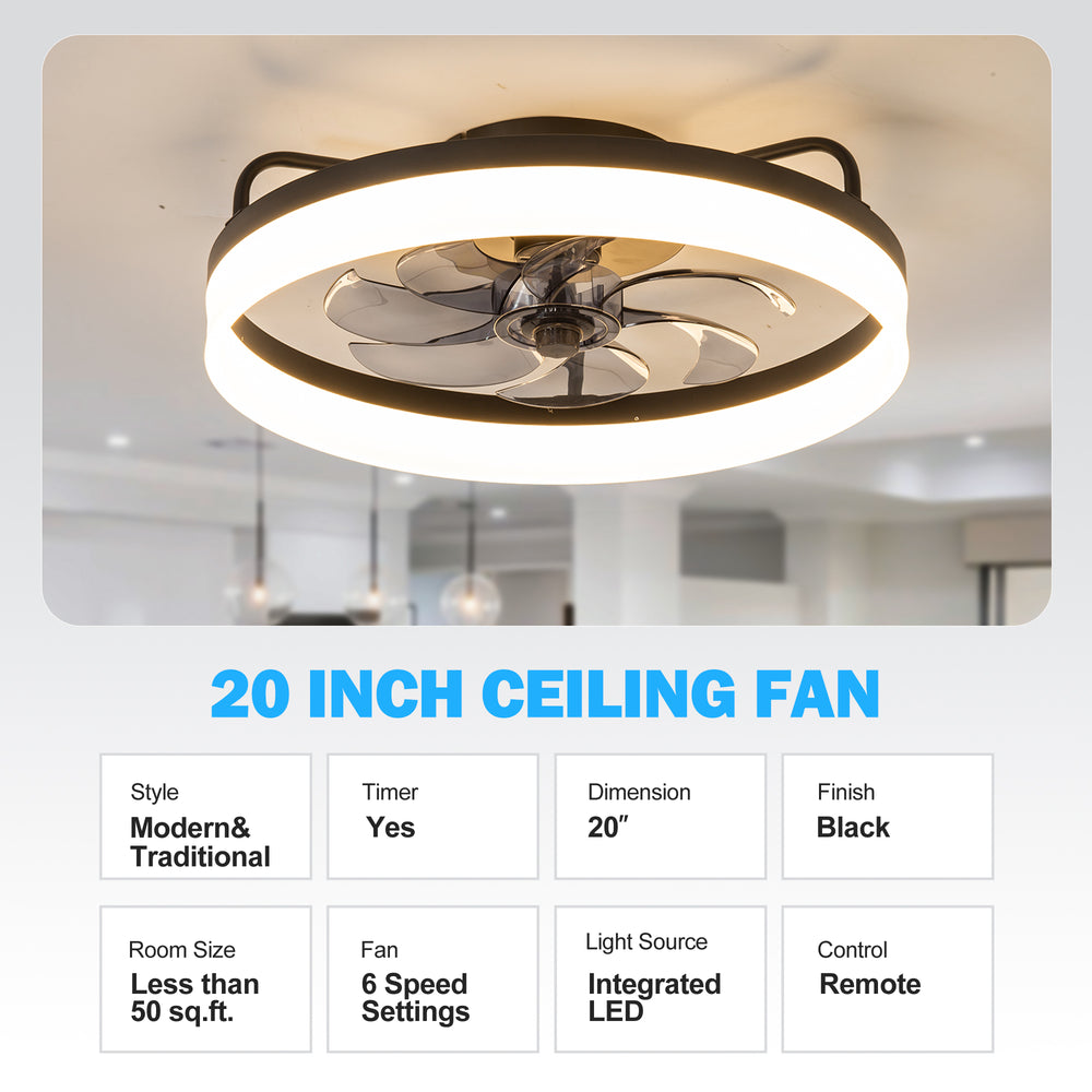 20 Inch 7-Blade Low Profile Enclosed Ceiling Fan with Light and Remote Control