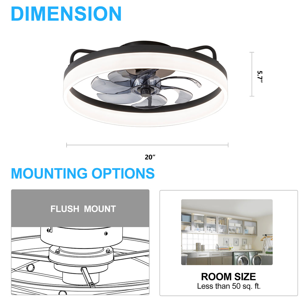 20 Inch 7-Blade Low Profile Enclosed Ceiling Fan with Light and Remote Control