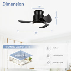22-inch Modern Indoor Flush Mount Small Ceiling Fan With LED Light and Remote Control(3-Blade）