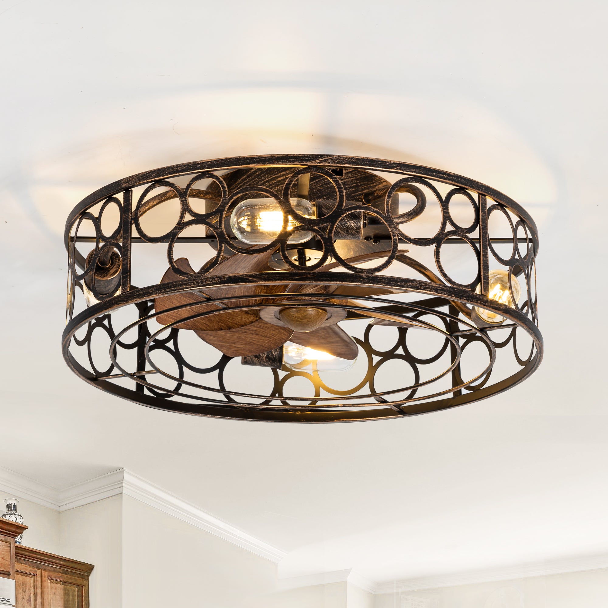 Greyora Black Gold farmhouse caged ceiling fan with light variant