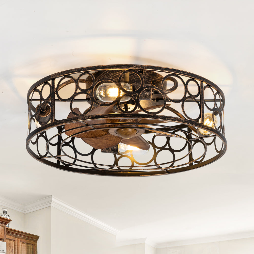 19" Caged Ceiling Fans with Lights, Small Low Profile Ceiling Fan with Remote, Flush Mount Chandelier Modern Farmhouse Fandelier for Bedroom, Kitchen, Living Room