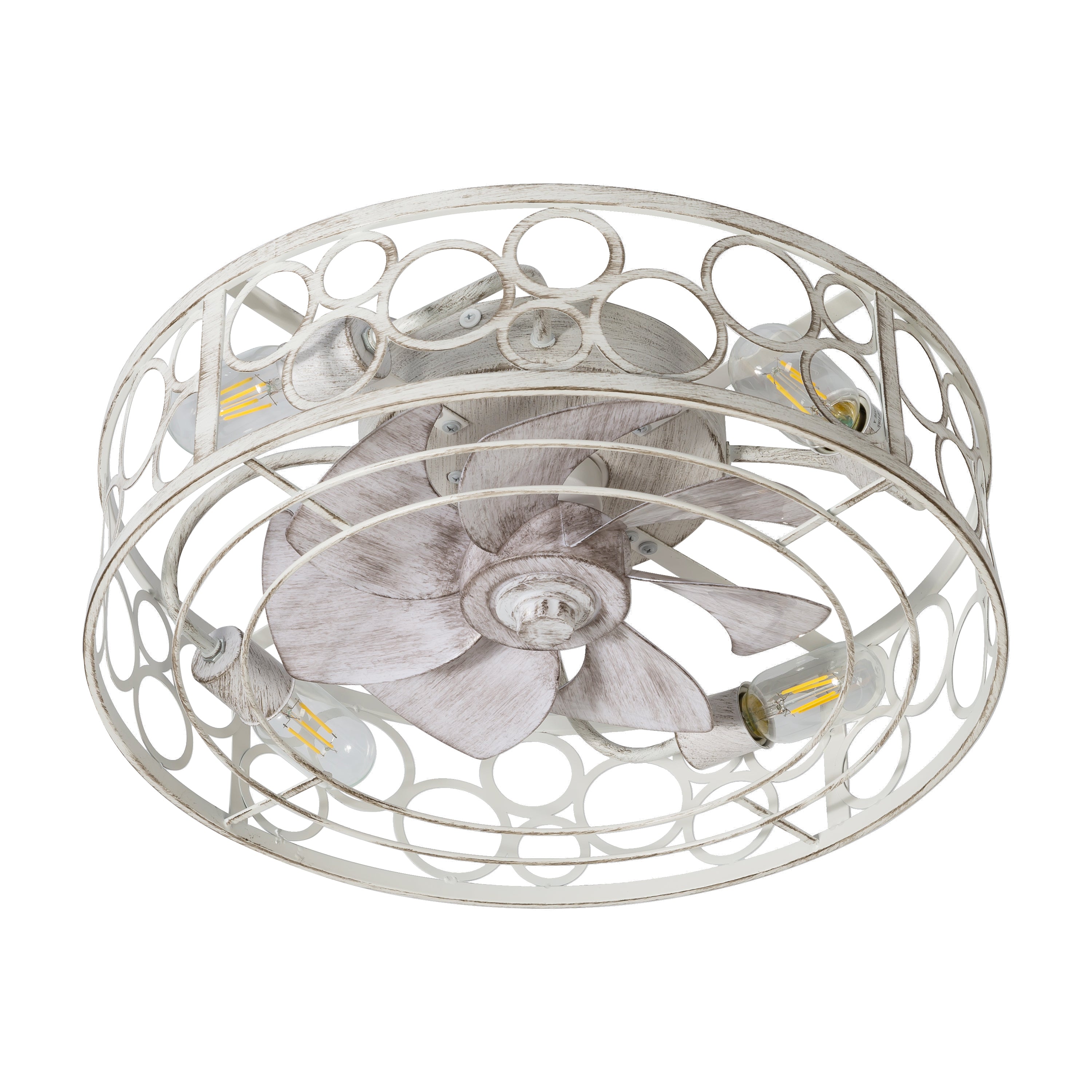 Greyora low profile caged ceiling fan with seven enclosed wood-look blades