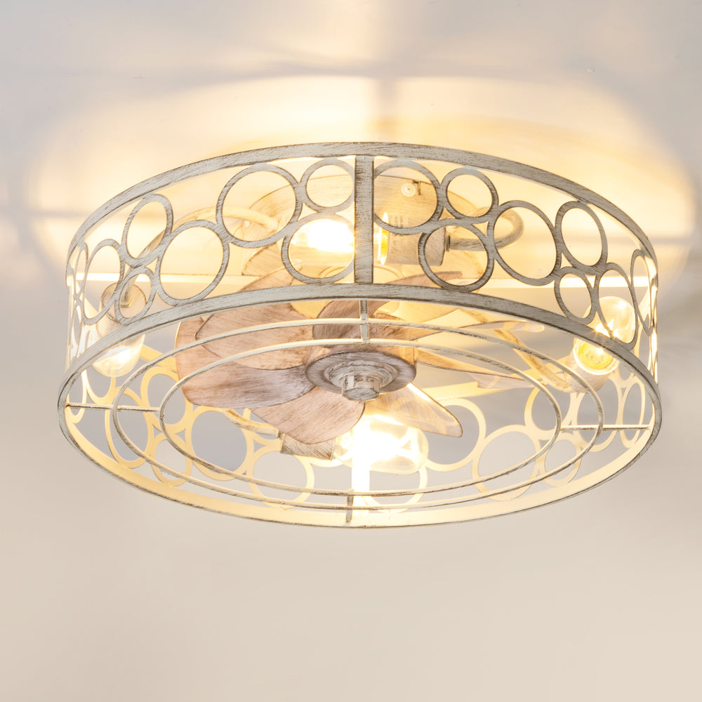 19" Caged Ceiling Fans with Lights, Small Low Profile Ceiling Fan with Remote, Flush Mount Chandelier Modern Farmhouse Fandelier for Bedroom, Kitchen, Living Room