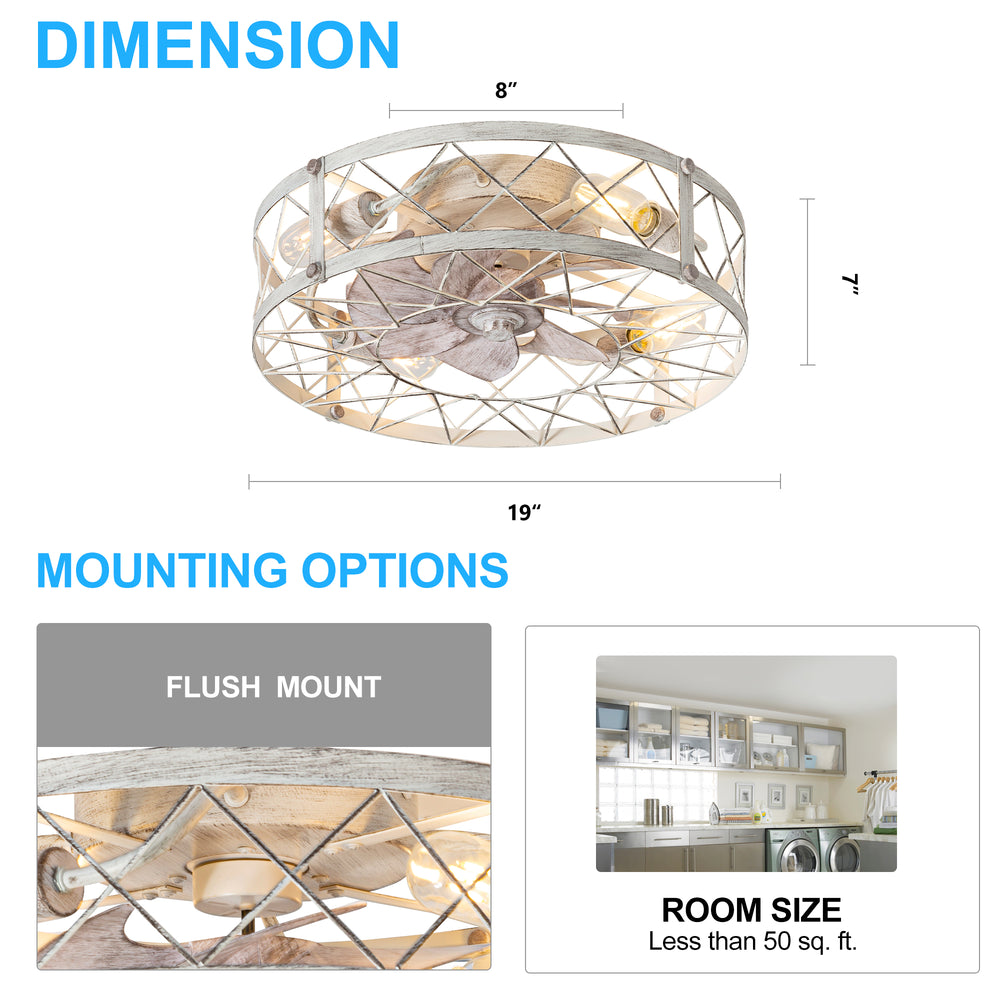 19" Caged Ceiling Fans with Lights, Small Low Profile Ceiling Fan with Remote, Flush Mount Chandelier Modern Farmhouse Fandelier for Bedroom, Kitchen, Living Room