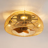 20-inch Boho Rattan Caged Flush Mount Ceiling Fan with Light and Remote