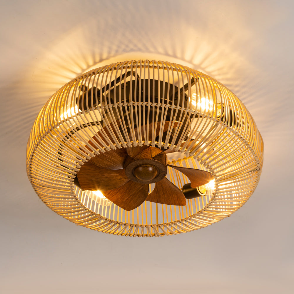 20-inch Boho Rattan Caged Flush Mount Ceiling Fan with Light and Remote