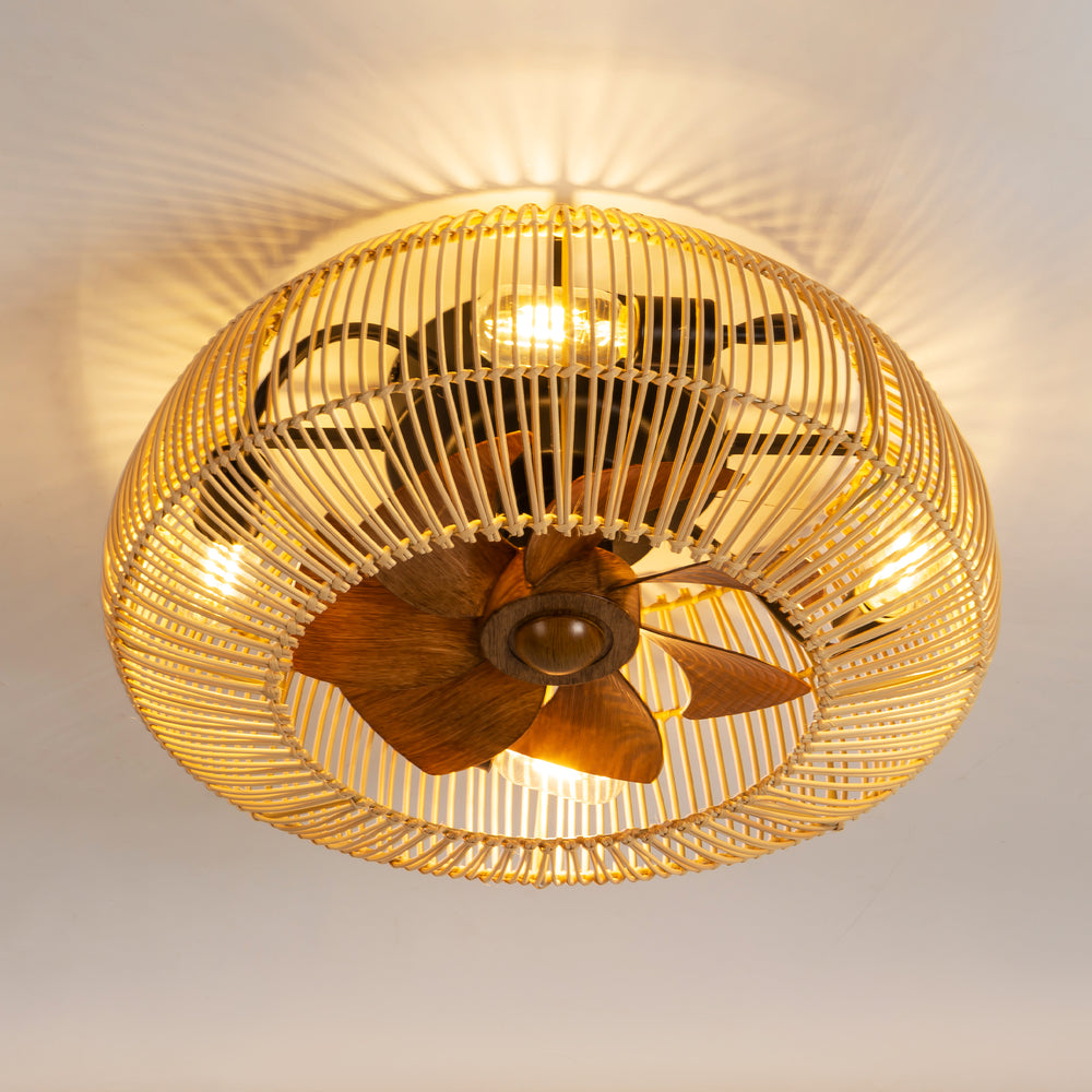 20-inch Boho Rattan Caged Flush Mount Ceiling Fan with Light and Remote