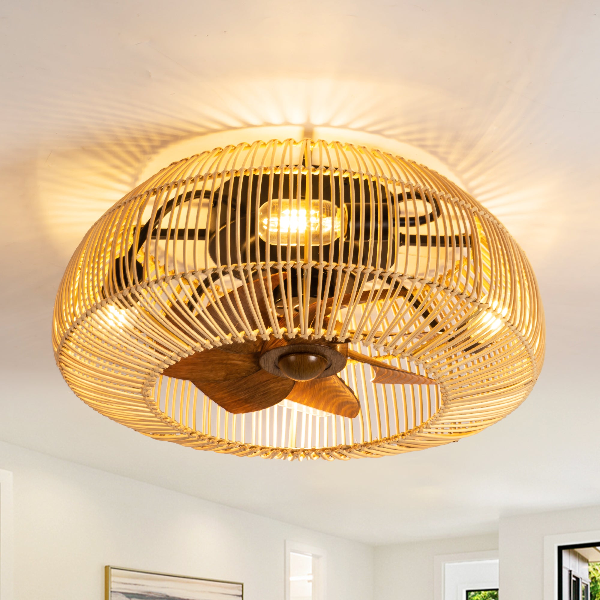 20" Rattan Boho Ceiling Fan With Light & Remote - Enclosed Caged Chandelier Fan, 6 Speeds, For Bedroom, Living Room