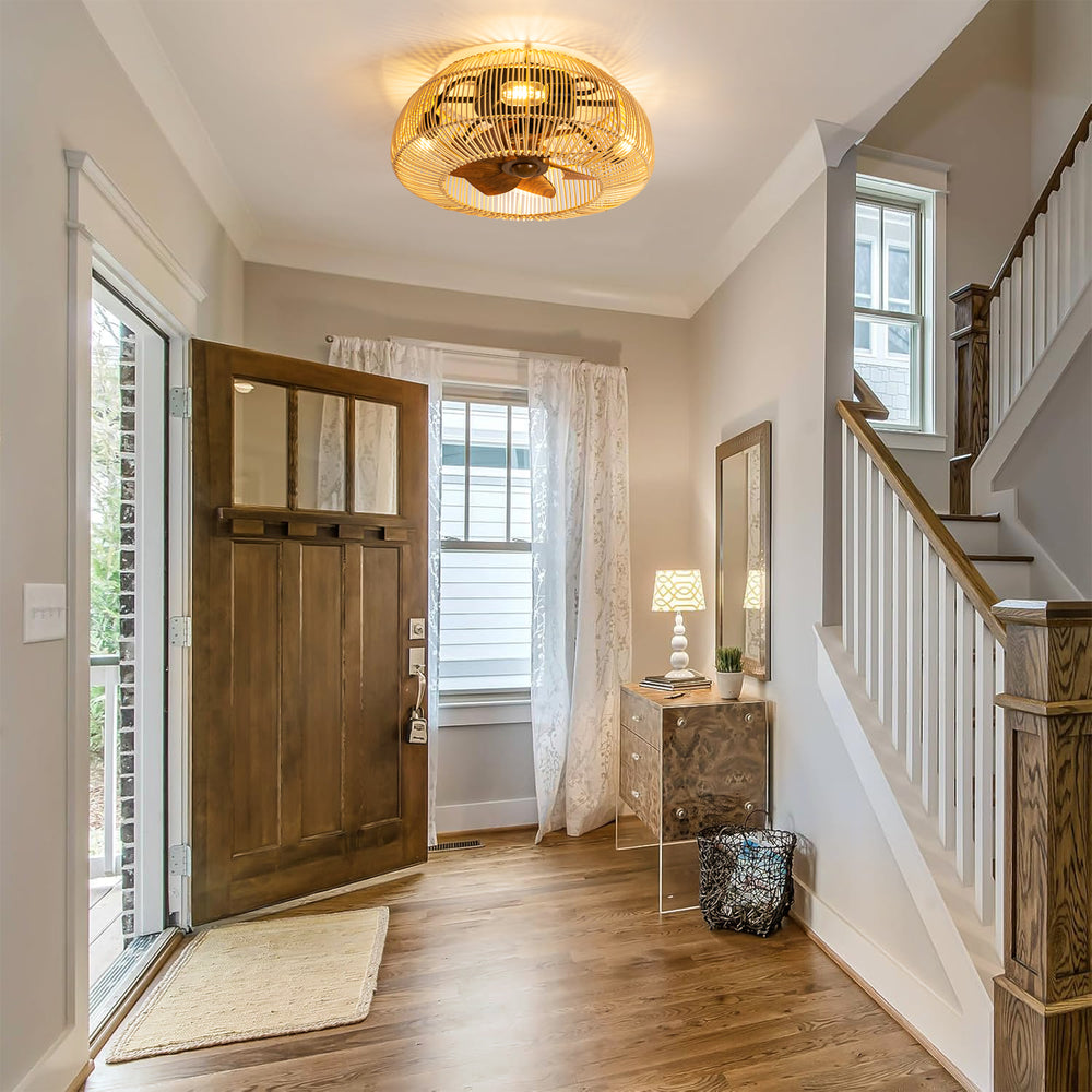 20-inch Boho Rattan Caged Flush Mount Ceiling Fan with Light and Remote