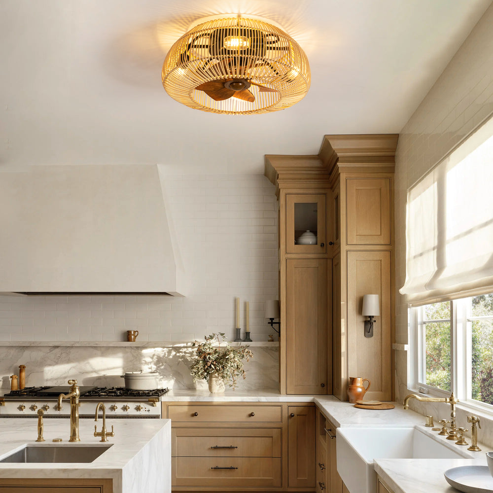 20-inch Boho Rattan Caged Flush Mount Ceiling Fan with Light and Remote