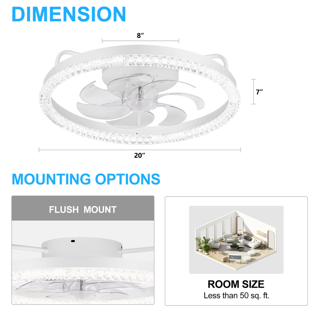 20 inch Low Profile Ceiling Fans with Led Lights, Modern Small Caged Flush Mount Ceiling Fan Remote Control, Reversible DC Motor, Timer Fandelier Ceiling Fan for Bedroom