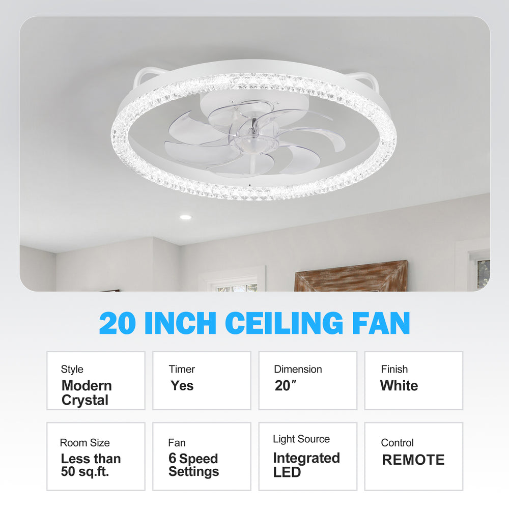 20 inch Low Profile Ceiling Fans with Led Lights, Modern Small Caged Flush Mount Ceiling Fan Remote Control, Reversible DC Motor, Timer Fandelier Ceiling Fan for Bedroom