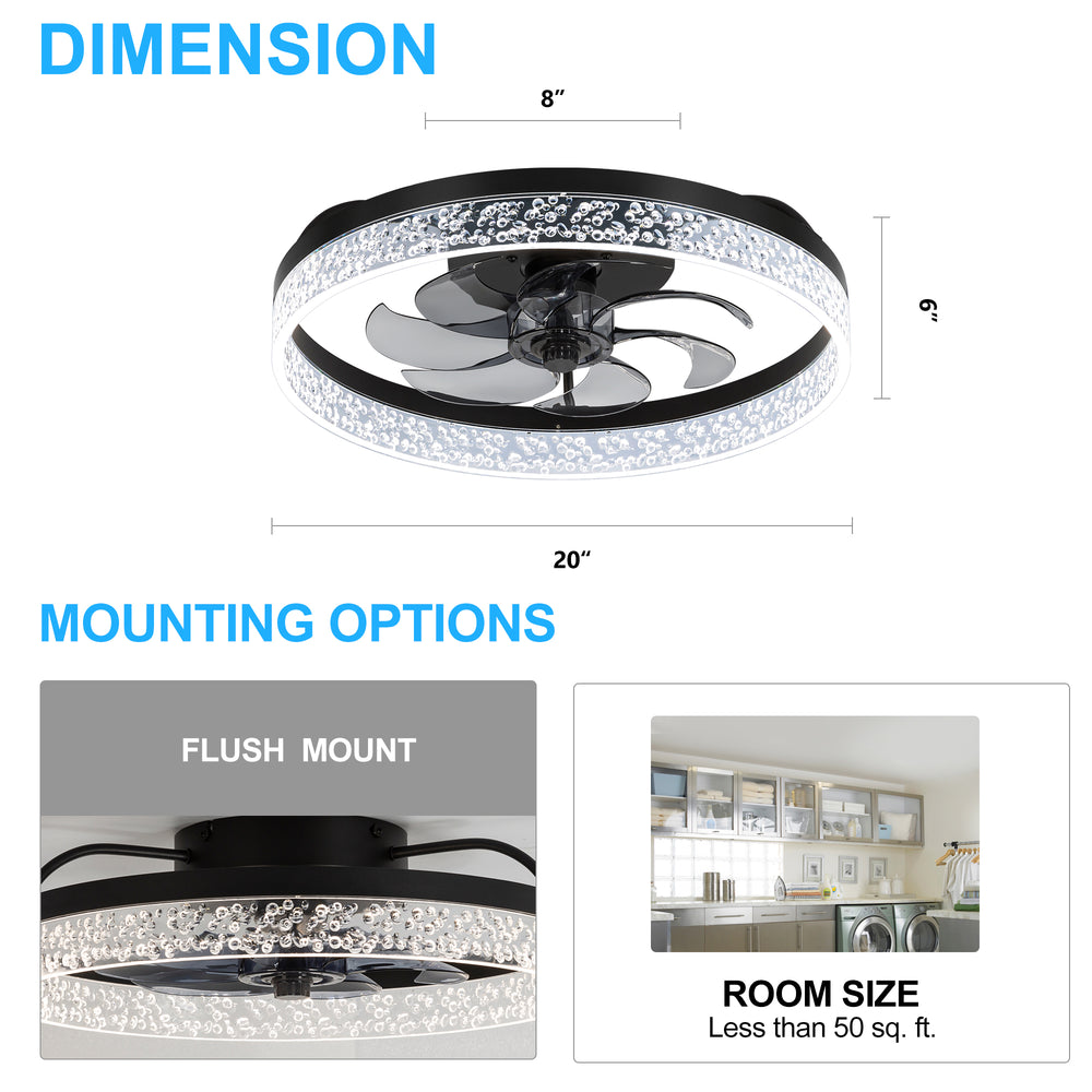 20 Inch 7-Blade Low Profile Flush Mount Ceiling Fan with Remote and Light Included