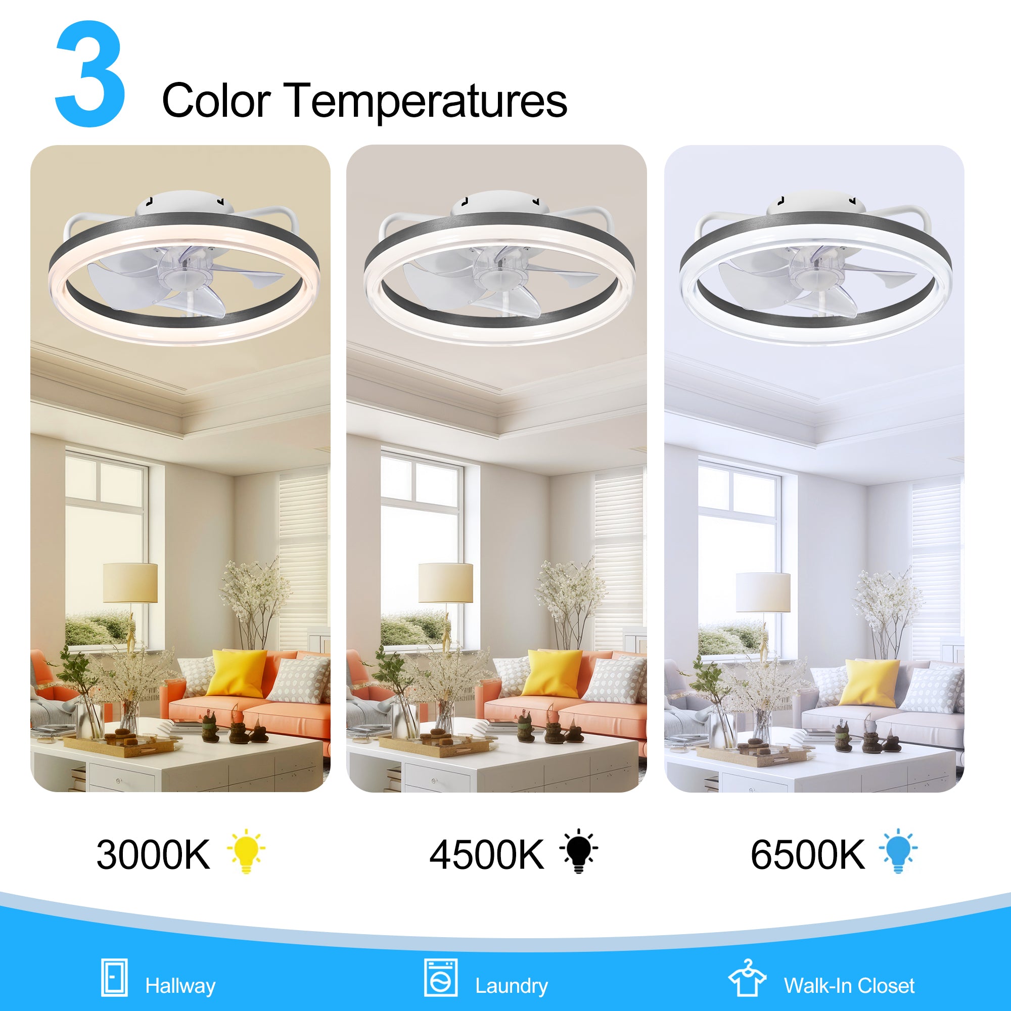 Korora ceiling fan showing 3000K 4500K and 6500K LED color temperature settings