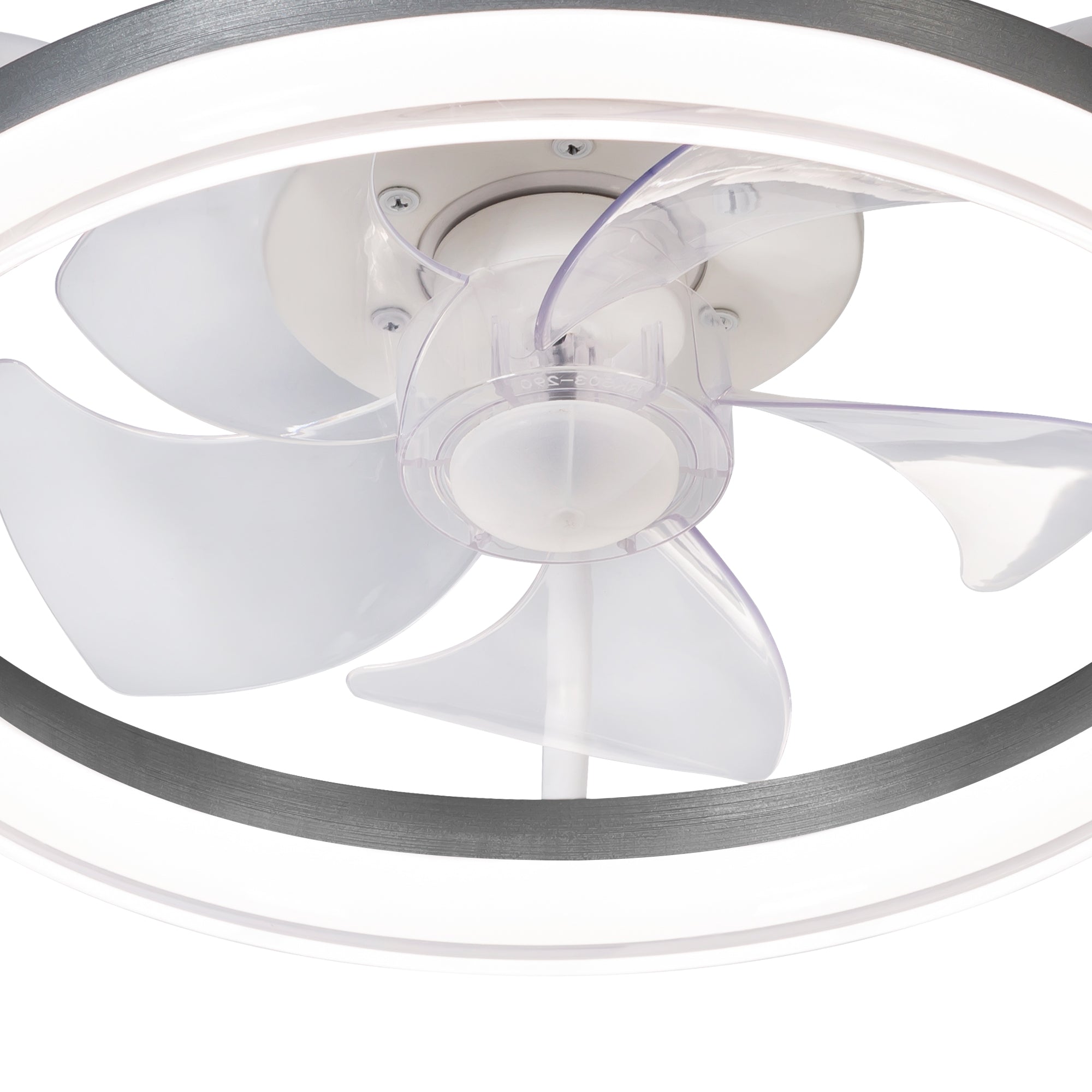 Korora white modern ceiling fan close-up showing seven transparent ABS blades and LED ring
