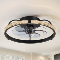 20" Low Profile Flush Mount Ceiling Fans with Lights, Modern Small Caged Ceiling Fan Remote Control, Reversible DC Motor, Fandelier Ceiling Fan Light for Bedroom Living Room Home